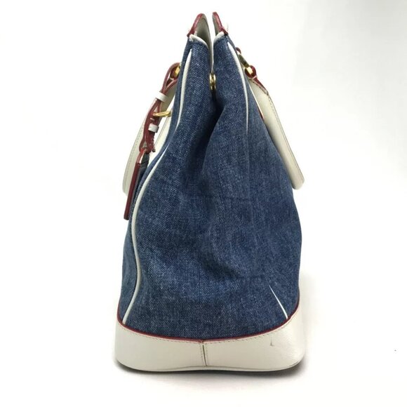 PRADA BN2441 Denim + Saffiano Tote Bag Shoulder Bag Hand Bag Cotton Blue/White - Picture 9 of 9